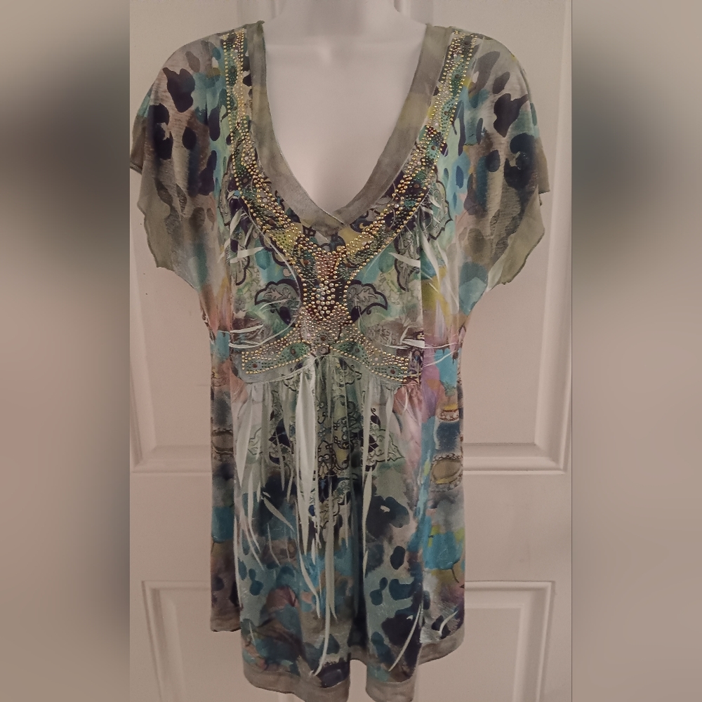 Y2K "APT 9 BEAUTIFUL MULTI-COLORED V NECK FLOWING, RHINESTONES & SHEER BACK  M
